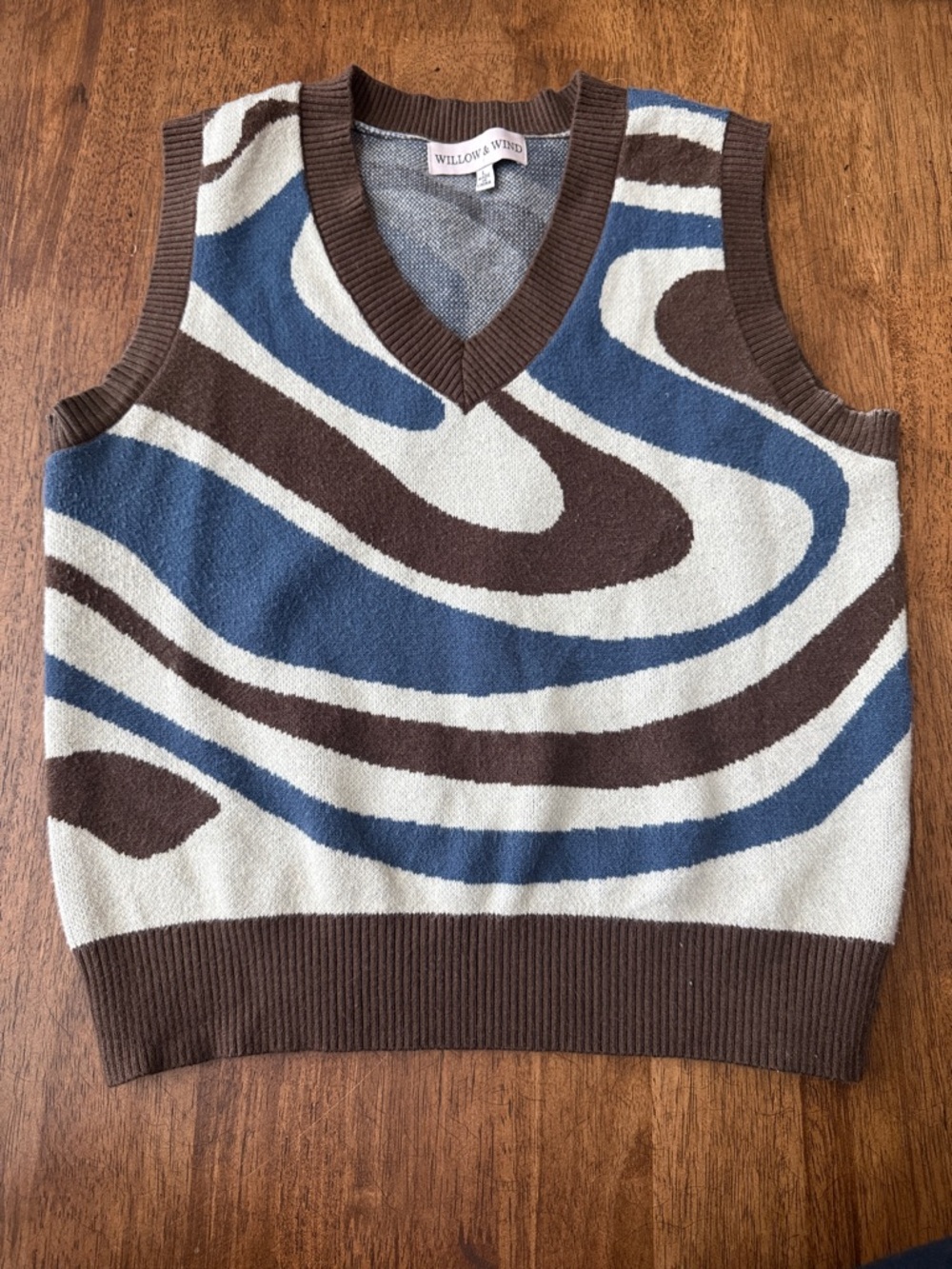 Willow & Wind Swirl Pattern Knit Vest in Blue, Brown & Cream